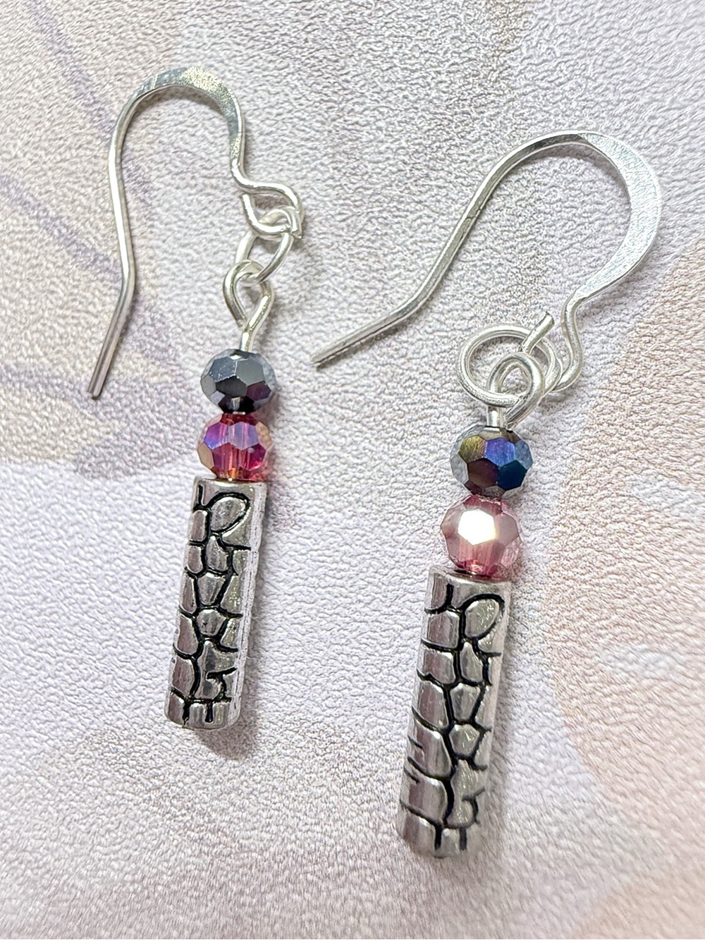 Silver-Tone Pink Crystal & Textured Bar Dangle Earrings